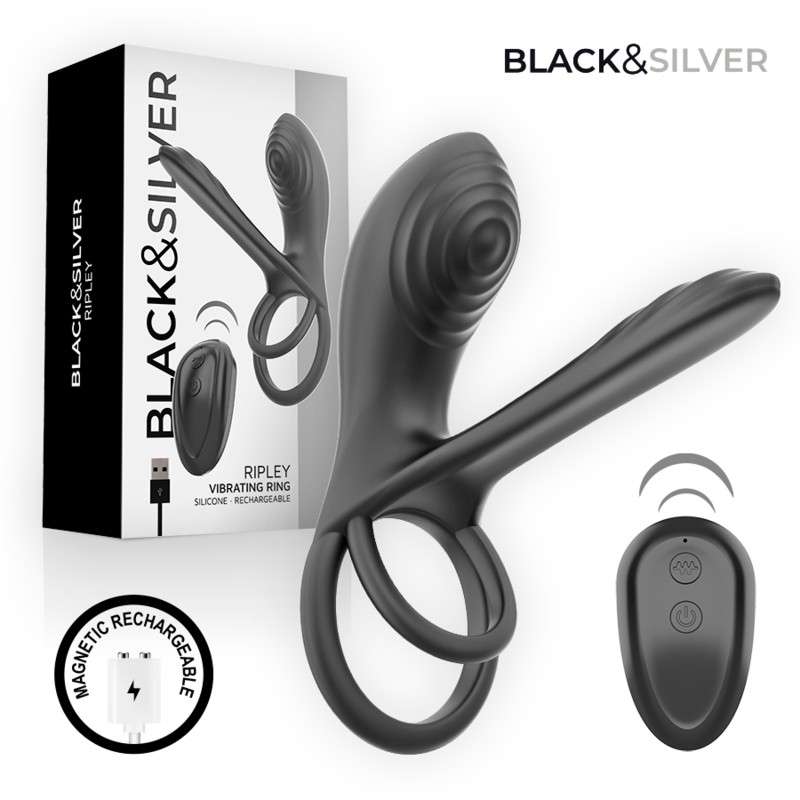 BLACK & SILVER - Ripley ladattava värisevä rengas kaukosäätimellä, musta BLACK & SILVER - Ripley ladattava värisevä rengas kaukosäätimellä, musta