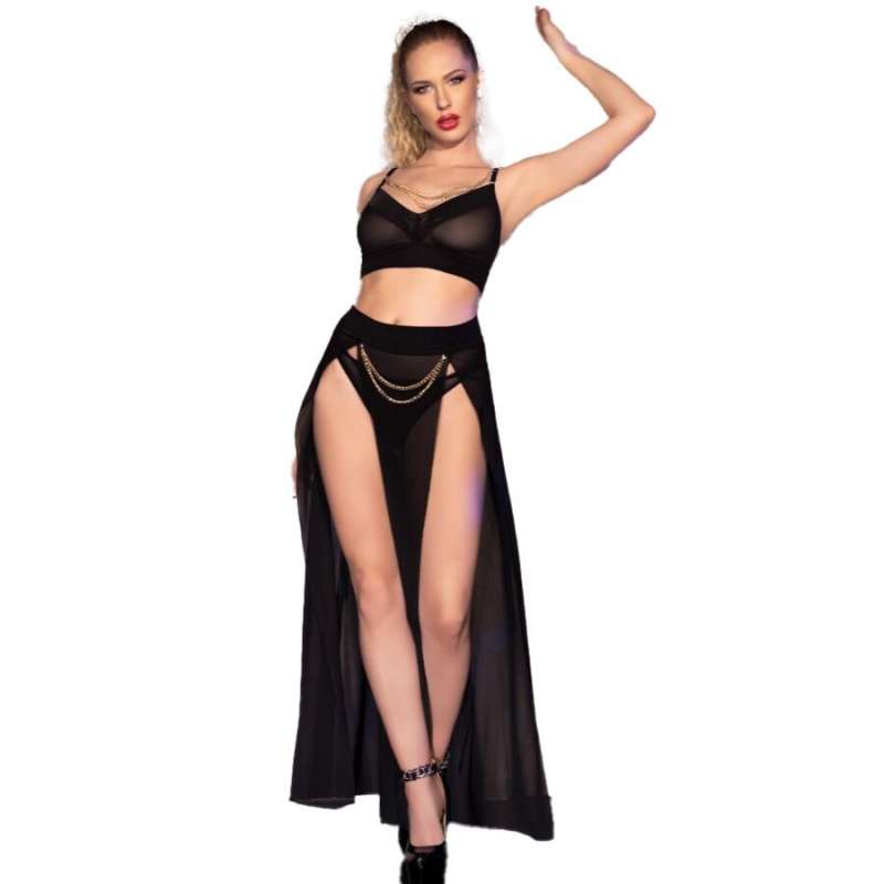 CHILIROSE - CR 4672 BLACK TOP SKIRT AND THONG WITH GOLDEN CHAINS S CHILIROSE - CR 4672 BLACK TOP SKIRT AND THONG WITH GOLDEN CHAINS S