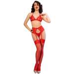 CHILIROSE - CR 4848 RED LACE BRA + THONG + STOCKINGS SET L