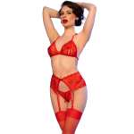 CHILIROSE - CR 4848 RED LACE BRA + THONG + STOCKINGS SET M