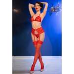 CHILIROSE - CR 4848 RED LACE BRA + THONG + STOCKINGS SET M