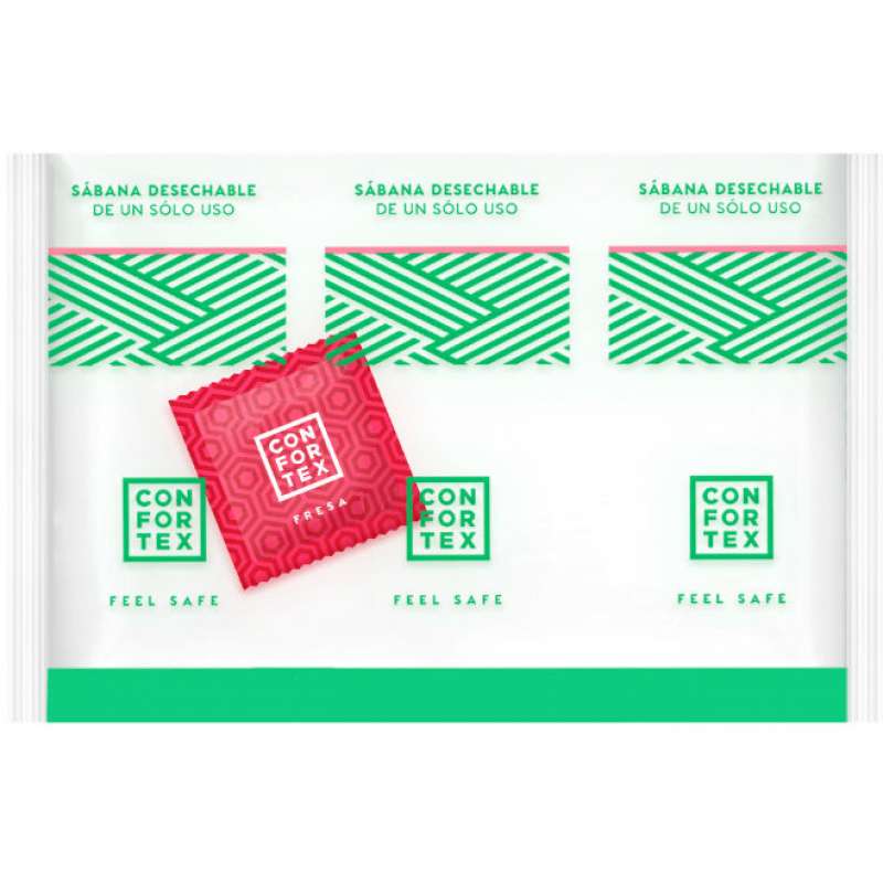 CONFORTEX - DISPOSABLE HYGIENIC SHEETS, INDIVIDUAL BAG + STRAWBERRY CONDOM CONFORTEX - DISPOSABLE HYGIENIC SHEETS, INDIVIDUAL BAG + STRAWBERRY CONDOM