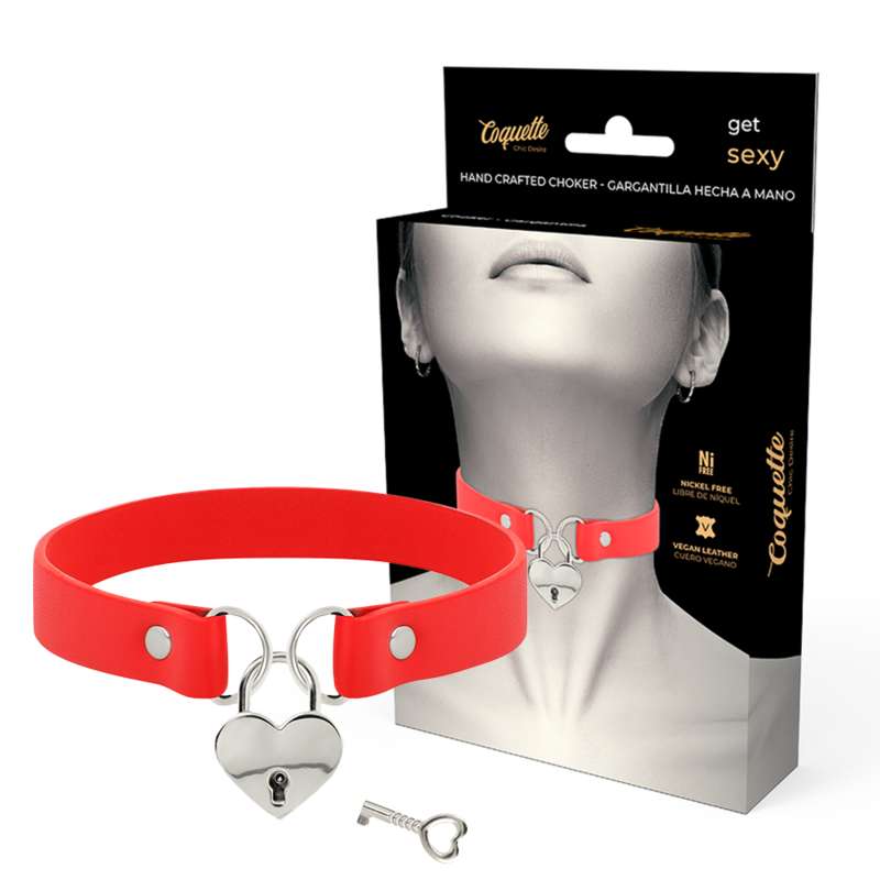 COQUETTE CHIC DESIRE - RED VEGAN LEATHER NECKLACE WITH HEART ACCESSORY WITH KEY COQUETTE CHIC DESIRE - RED VEGAN LEATHER NECKLACE WITH HEART ACCESSORY WITH KEY