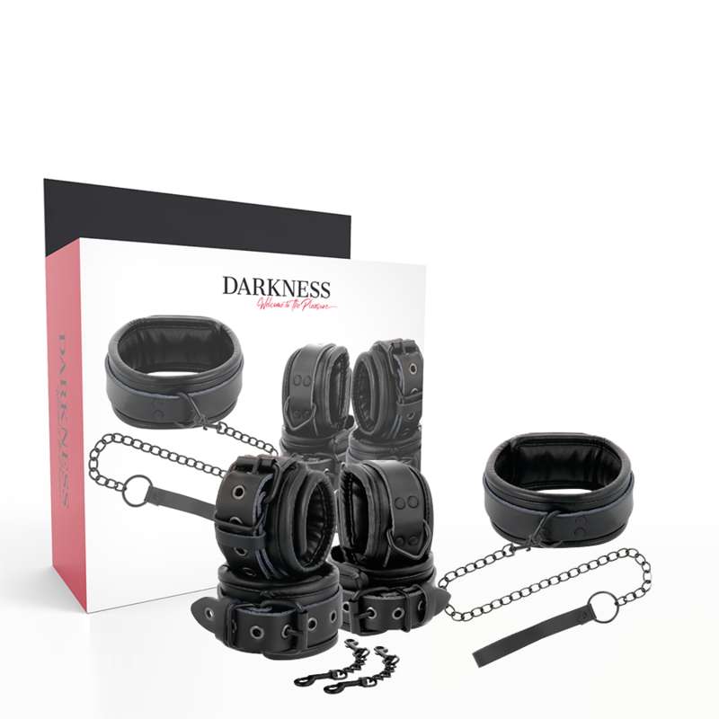 DARKNESS - BLACK LEATHER HANDCUFFS AND COLLAR DARKNESS - BLACK LEATHER HANDCUFFS AND COLLAR