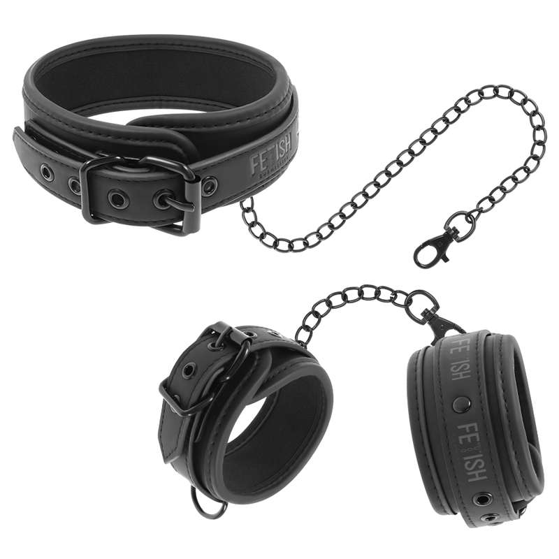FETISH SUBMISSIVE - VEGAN LEATHER NECKLACE AND HANDCUFFS WITH NOPRENE LINING FETISH SUBMISSIVE - VEGAN LEATHER NECKLACE AND HANDCUFFS WITH NOPRENE LINING