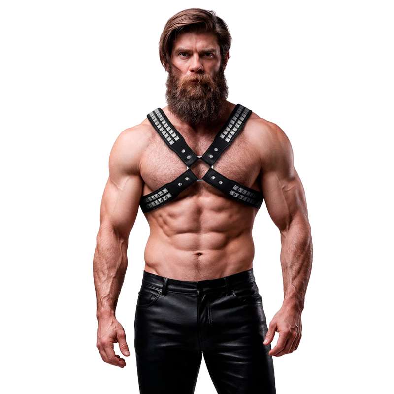 FETISH SUBMISSIVE ATTITUDE - MENS CROSSED CHEST ECO-LEATHER HARNESS WITH RIVETS