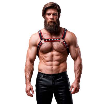 FETISH SUBMISSIVE ATTITUDE - MENS ECO-LEATHER CHEST BULLDOG HARNESS BLACK/RED