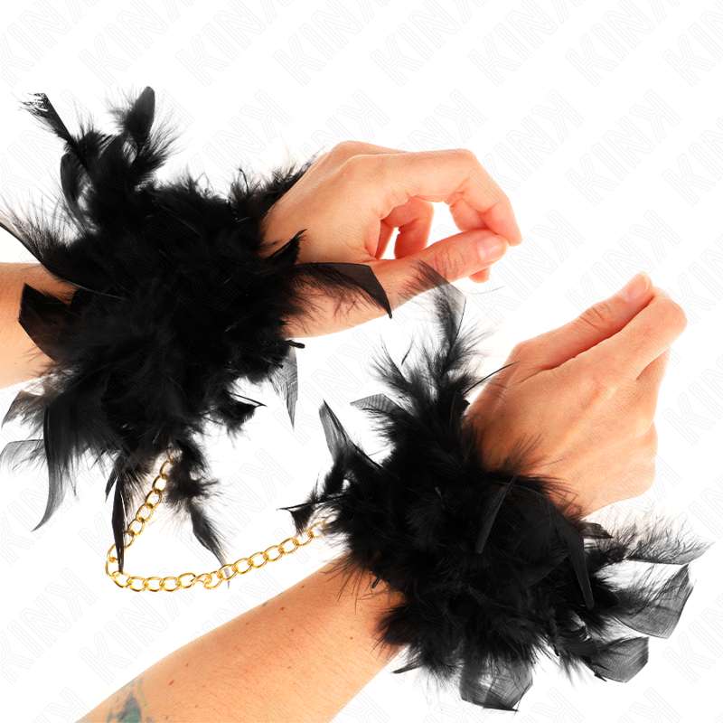 KINK - FEATHER HAND CUFFS WITH GOLD CHAIN MODEL 1 KINK - FEATHER HAND CUFFS WITH GOLD CHAIN MODEL 1