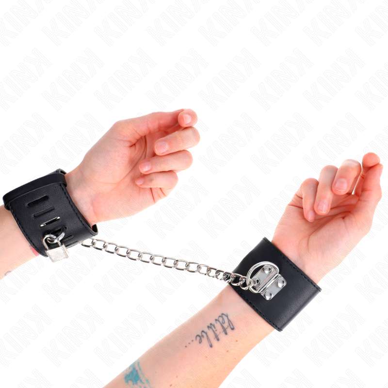 KINK - FIXED WRIST RESTRAINTS WITH CHAIN 30 CM AND PADLOCK CLOSURE BLACK ADJUSTABLE 16-23 CM X 5.5 CM KINK - FIXED WRIST RESTRAINTS WITH CHAIN 30 CM AND PADLOCK CLOSURE BLACK ADJUSTABLE 16-23 CM X 5.5 CM