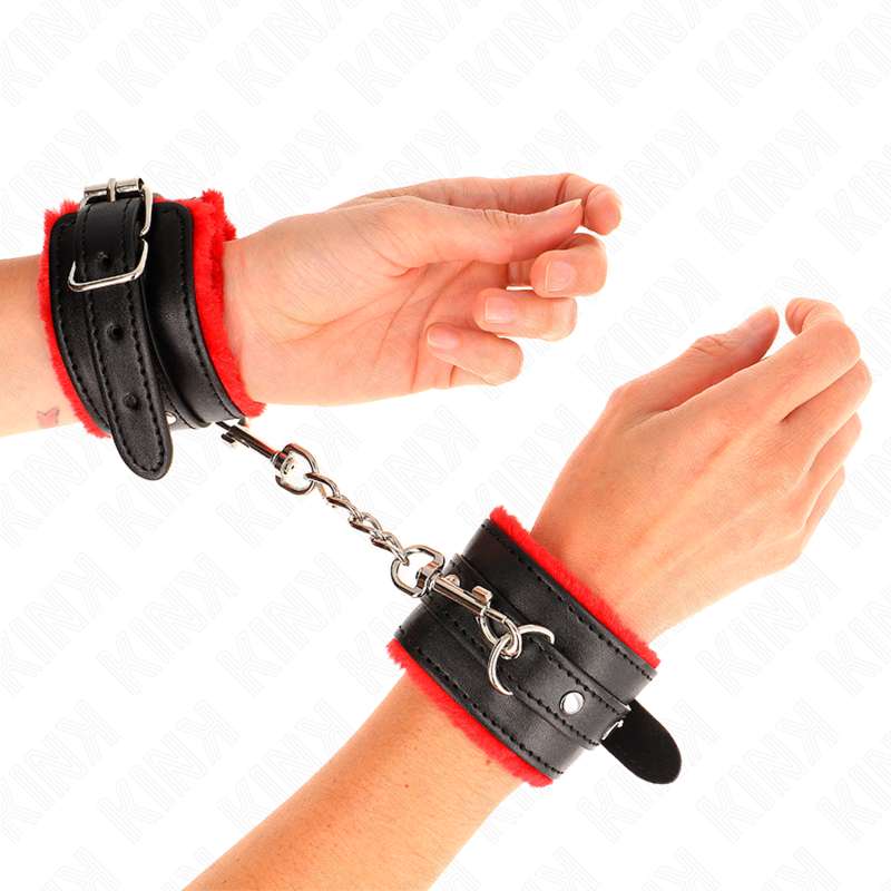 KINK - PREMIUM FUR LINED WRIST RESTRAINTS RED WITH BLACK BELT ADJUSTABLE 17-29 CM X 6 CM KINK - PREMIUM FUR LINED WRIST RESTRAINTS RED WITH BLACK BELT ADJUSTABLE 17-29 CM X 6 CM