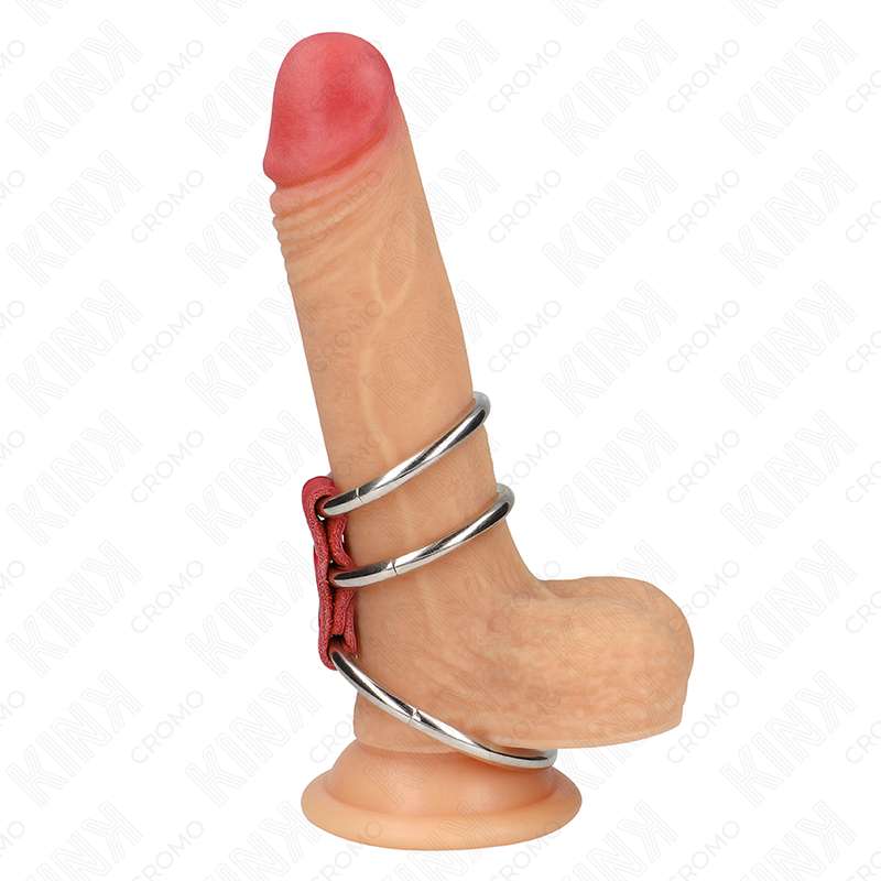 KINK - TRIPLE METAL PENIS RING 3.7 CM TO 5 CM CONNECTED WITH RED LEATHER KINK - TRIPLE METAL PENIS RING 3.7 CM TO 5 CM CONNECTED WITH RED LEATHER