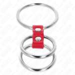 KINK - TRIPLE METAL PENIS RING 3.7 CM TO 5 CM CONNECTED WITH RED LEATHER