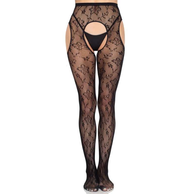 LEG AVENUE - 1967 BLOOM NET SUSPENDER TIGHTS BLACK - ONE SIZE LEG AVENUE - 1967 BLOOM NET SUSPENDER TIGHTS BLACK - ONE SIZE