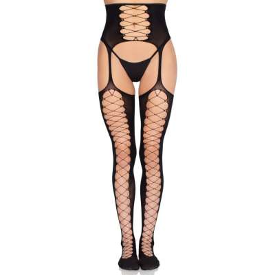 LEG AVENUE - 1968 STOCKINGS WITH ATTACHED GARTER BELT BLACK - ONE SIZE