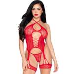 LEG AVENUE - 89338 LACE OPEN BODYSUIT WITH GARTER BELT + THONG RED - ONE SIZE