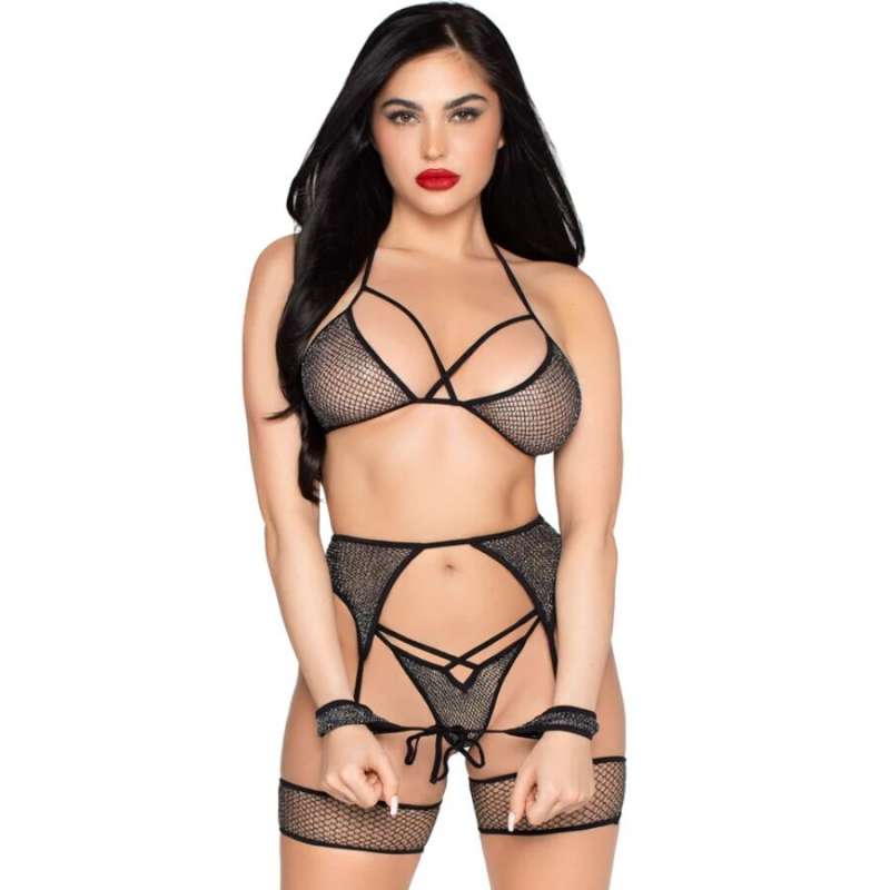 LEG AVENUE - 89362 TOP + THONG+ GARTER BELT + HANDCUFFS SET BLACK - ONE SIZE
