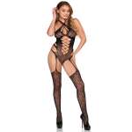 LEG AVENUE - 89367 LACE HALTER TEDDY WITH STOCKINGS BLACK - ONE SIZE