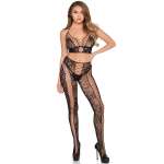 LEG AVENUE - 89368 NET & LACE CROP TOP AND TIGHTS BLACK - ONE SIZE