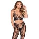 LEG AVENUE - 89368 NET & LACE CROP TOP AND TIGHTS BLACK - ONE SIZE
