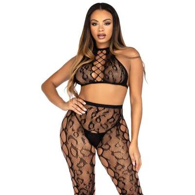 LEG AVENUE - 89372 CROP TOP & CROTCHLESS TIGHTS BLACK - ONE SIZE LEG AVENUE - 89372 CROP TOP & CROTCHLESS TIGHTS BLACK - ONE SIZE
