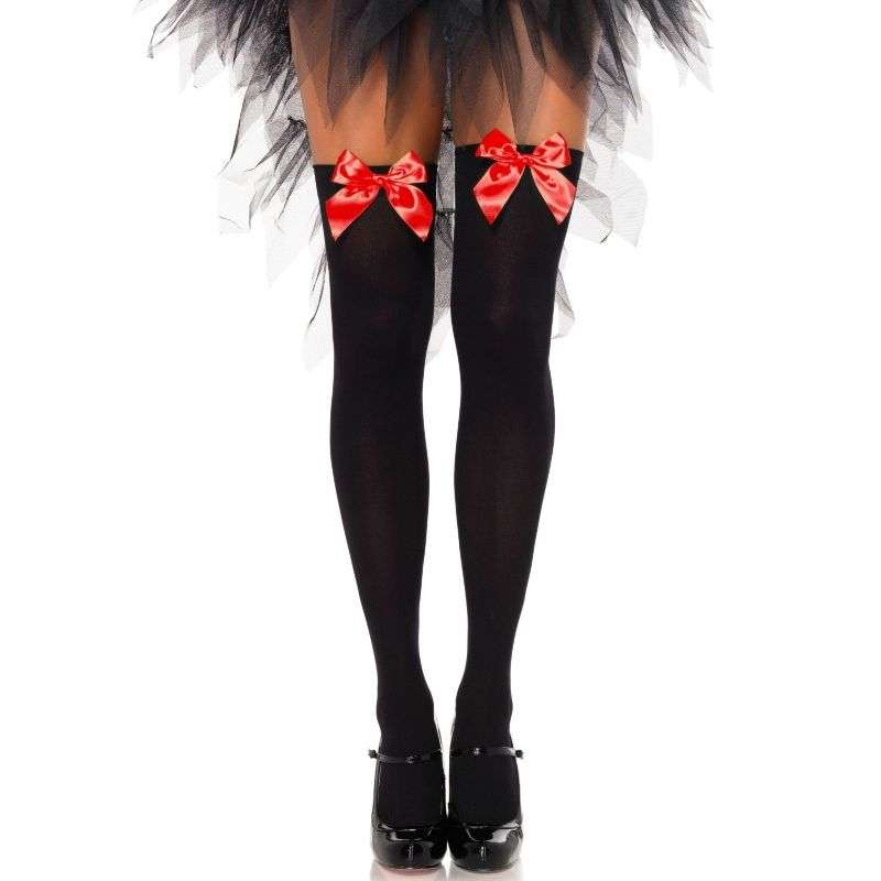 LEG AVENUE - BLACK NYLON THIGH HIGHS WITH RED BOW ONE SIZE LEG AVENUE - BLACK NYLON THIGH HIGHS WITH RED BOW ONE SIZE