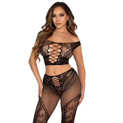 LEG AVENUE - CROP TOP AND FISHNET LEGGING WITH BARE SHOULDERS BLACK LEG AVENUE - CROP TOP AND FISHNET LEGGING WITH BARE SHOULDERS BLACK