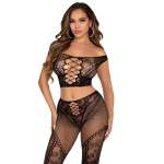 LEG AVENUE - CROP TOP AND FISHNET LEGGING WITH BARE SHOULDERS BLACK