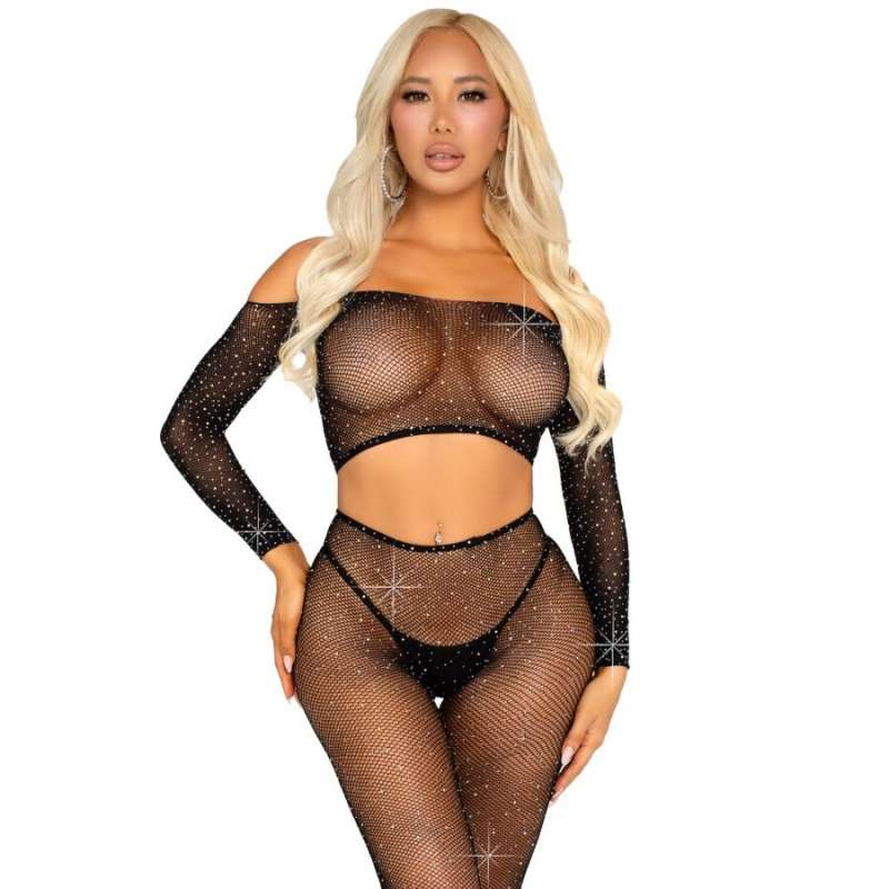 LEG AVENUE - CROP TOP AND FISHNET LEGGING WITH RHINESTONES BLACK LEG AVENUE - CROP TOP AND FISHNET LEGGING WITH RHINESTONES BLACK