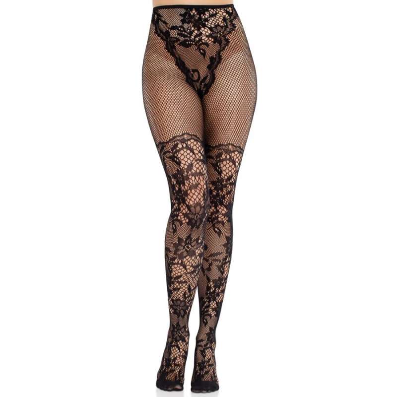 LEG AVENUE - DAHLIA LACE STOCKINGS WITH NET DETAIL BLACK LEG AVENUE - DAHLIA LACE STOCKINGS WITH NET DETAIL BLACK