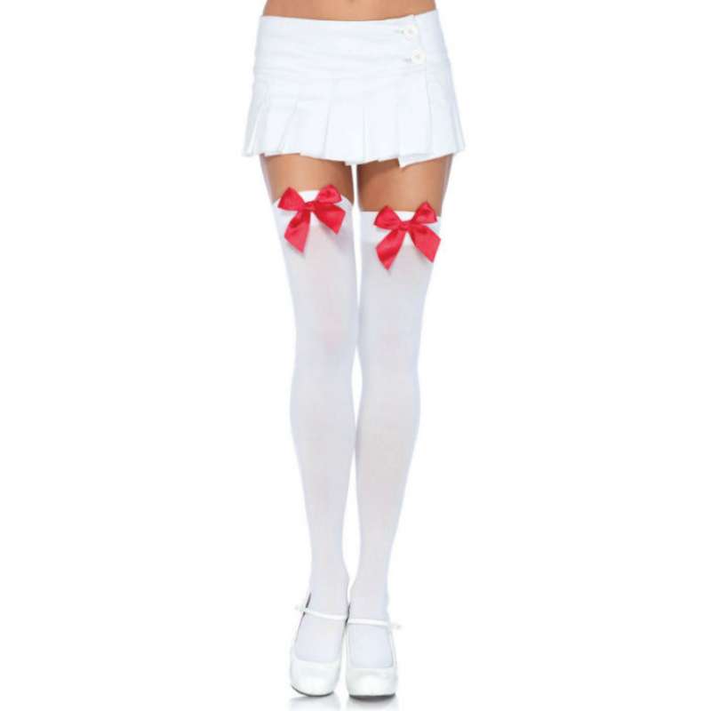 LEG AVENUE - NYLON THIGH HIGHS WITH BOW WHITE / RED LEG AVENUE - NYLON THIGH HIGHS WITH BOW WHITE / RED