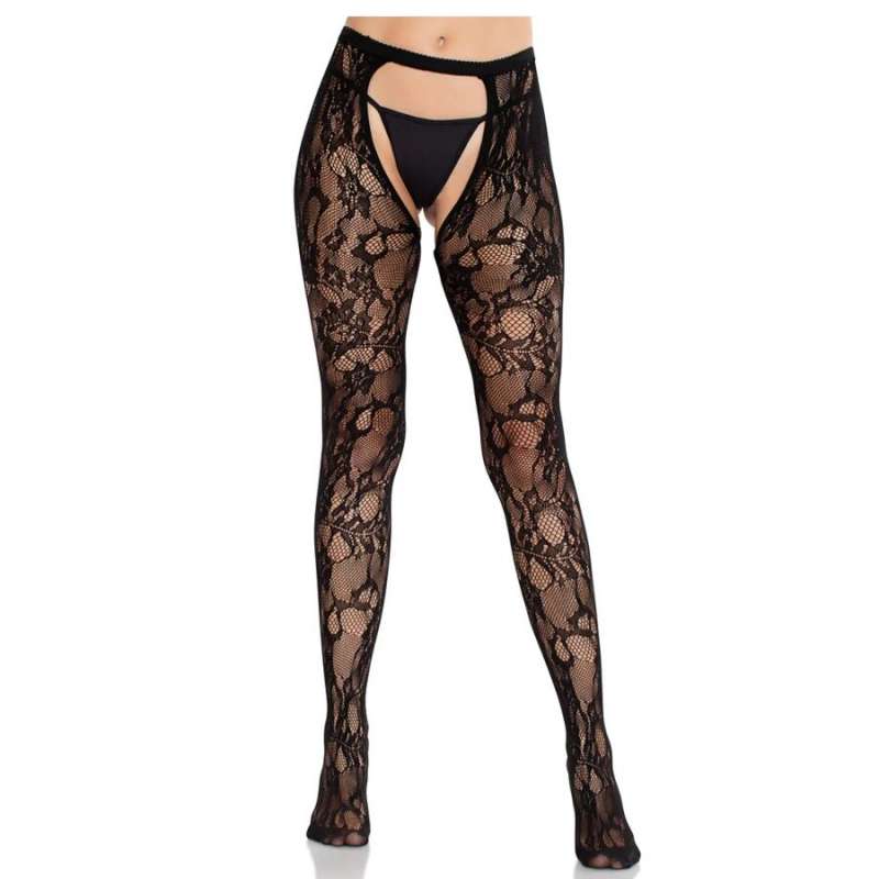 LEG AVENUE - ROSE LACE STOCKINGS WITH OPEN BACK BLACK LEG AVENUE - ROSE LACE STOCKINGS WITH OPEN BACK BLACK
