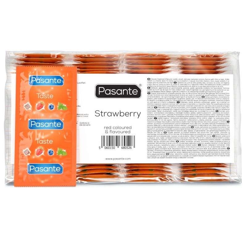 PASANTE - CONDOMS FLAVOR STRAWBERRY BAG 144 UNITS