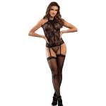 SUBBLIME - 952099 FISHNET BODYSTOCKING WITH GARTER LINES AND FLORAL DETAILS BLACK ONE SIZE