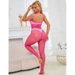 SUBBLIME - 952389 FISHNET AND LACE CROTCHLESS BODYSTOCKING WITH HIGH NECK PINK ONE SIZE