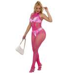 SUBBLIME - 952389 FISHNET AND LACE CROTCHLESS BODYSTOCKING WITH HIGH NECK PINK ONE SIZE