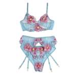 SUBBLIME - 954116 BRA + PANTIES WITH GARTER BELT FLORAL DESIGN BLUE L/XL
