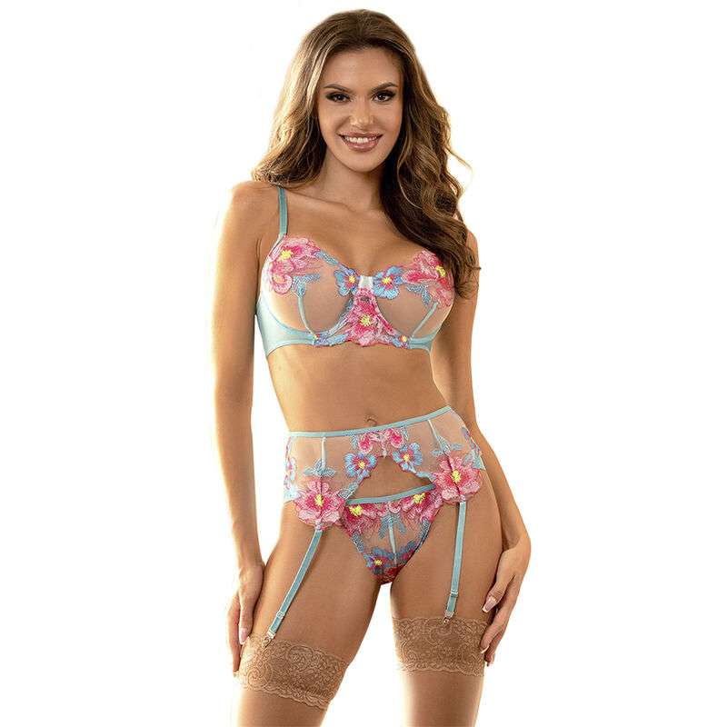 SUBBLIME - 954116 BRA + PANTIES WITH GARTER BELT FLORAL DESIGN BLUE L/XL SUBBLIME - 954116 BRA + PANTIES WITH GARTER BELT FLORAL DESIGN BLUE L/XL