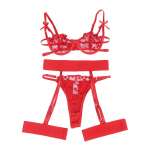 SUBBLIME - 954321 HEART PRINT BRA + THONG + GARTER BELT RED S/M