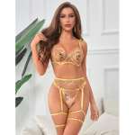 SUBBLIME - 954352 BRA + THONG + GARTER BELT FLORAL DESIGN YELLOW L/XL