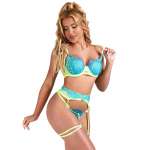 SUBBLIME - 955311 SET OF BRA WITH LACE AND GARTER LINES GREEN AND BLUE S/M