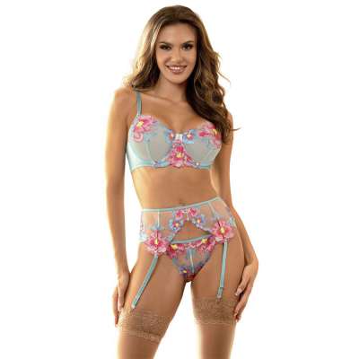 SUBBLIME - 957650 FLOWER EMBROIDERED BRA AND GARTER BELT SET PINK L/XL
