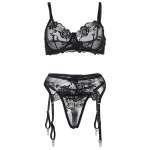 SUBBLIME - SET OF 3 PIECES BRA + THONG + GARTER FLORAL PRINT BLACK L/XL